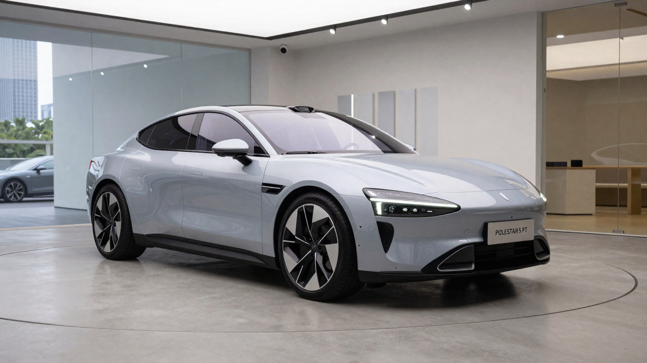 Carro elétrico cinza Polestar 5 PT estacionado em ambiente interno moderno e iluminado.