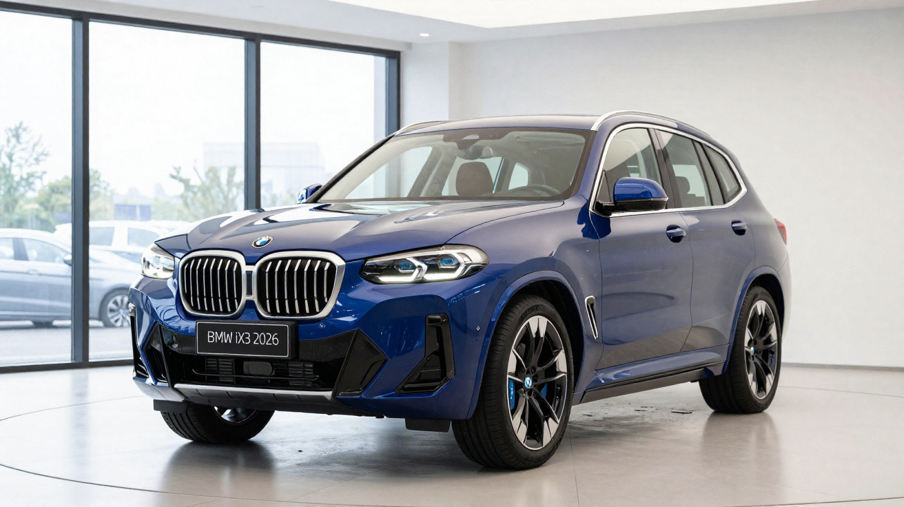 BMW iX3 2026 azul estacionado em ambiente interno com janela grande ao fundo.