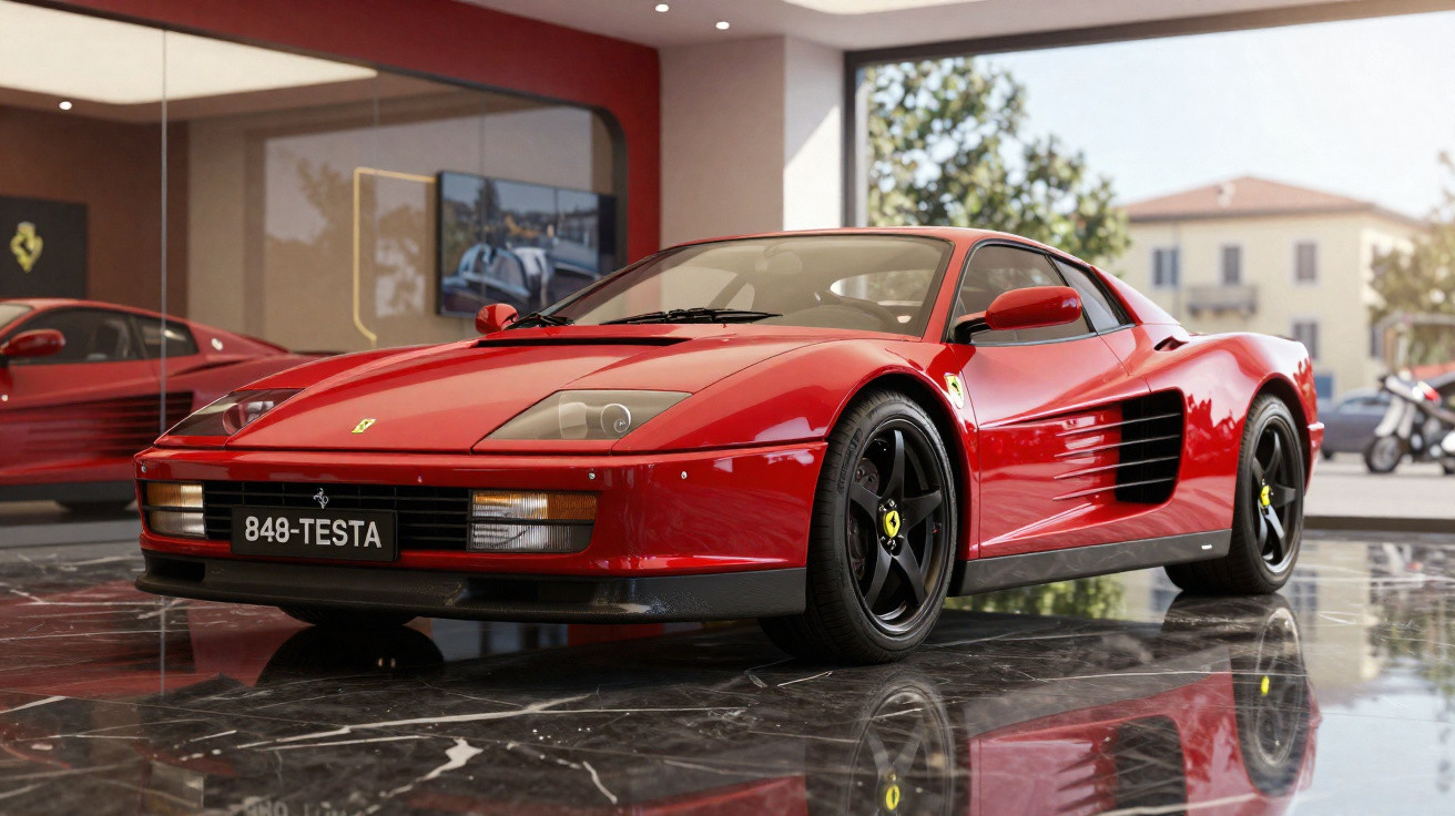 Carro esportivo Ferrari vermelho modelo 848-Testa em piso de mármore dentro de showroom moderno.
