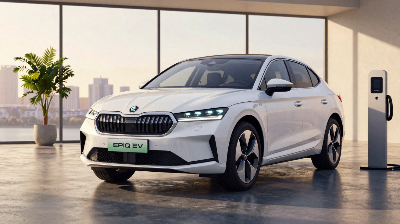 Carro elétrico branco Škoda Epiq EV estacionado em ambiente interno com tomada de recarga ao lado.