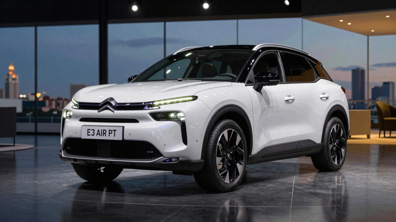 Carro elétrico branco Citroën E3 Air PT em ambiente interno com janelas amplas e vista urbana ao fundo.