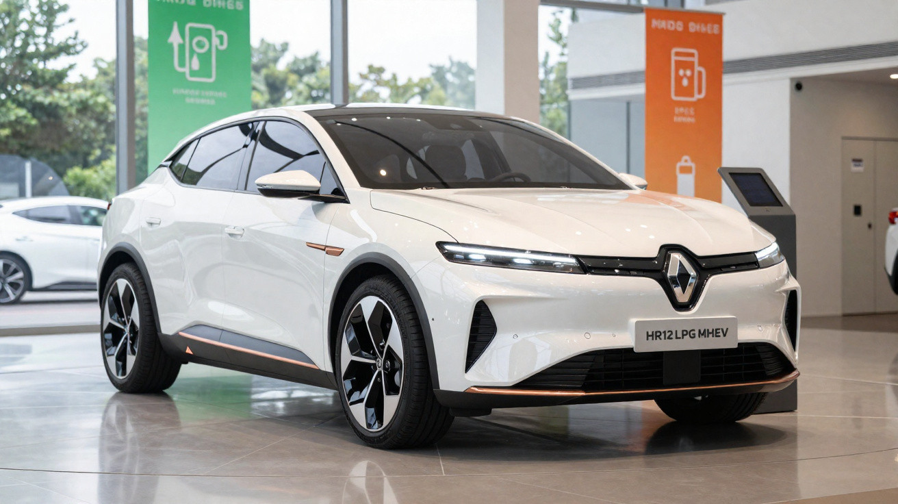 Carro elétrico branco Renault exibido em salão com piso de porcelanato e banners informativos ao fundo.