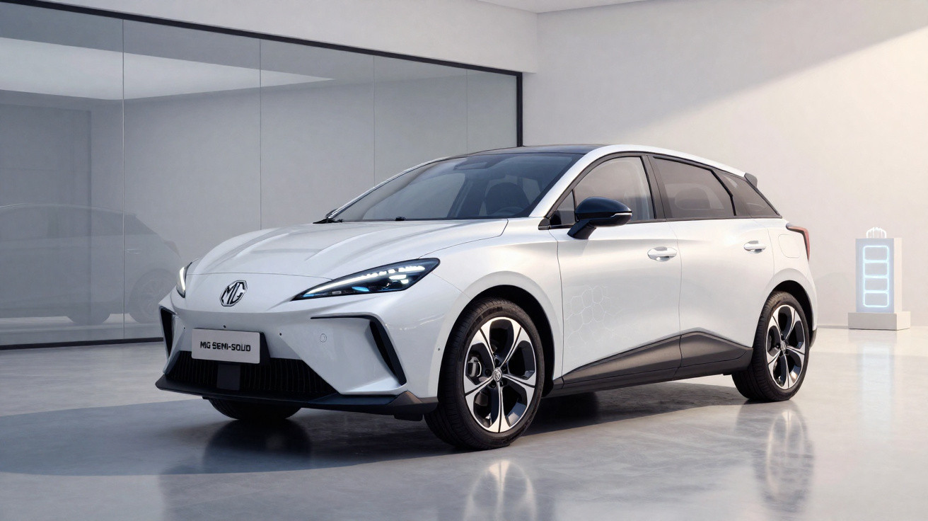 Carro elétrico branco MG estacionado em ambiente interno com parede de vidro ao fundo.