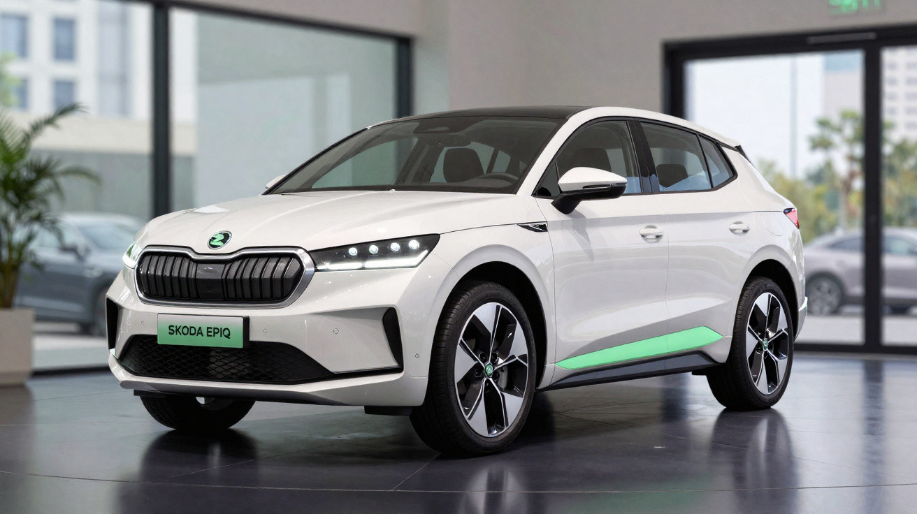 Carro elétrico branco Skoda Enyaq iV exposto em showroom moderno com design futurista.