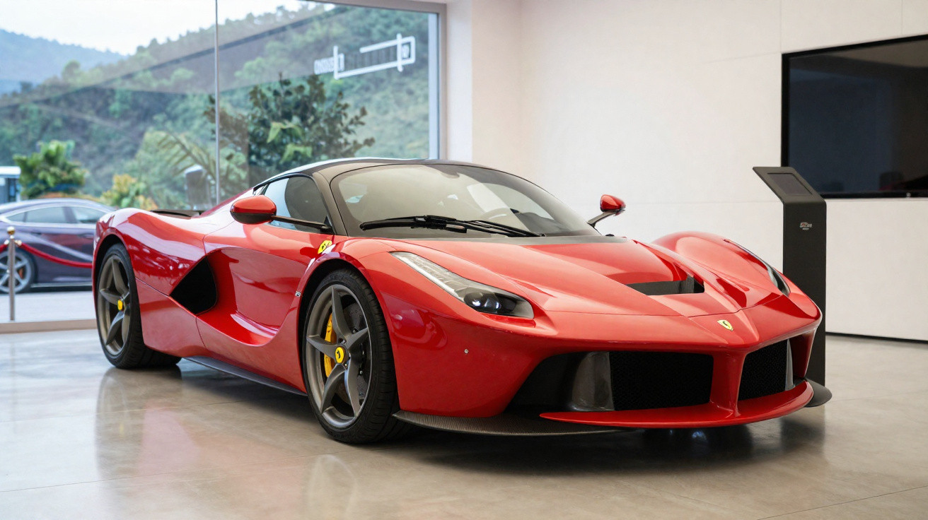 Carro esportivo Ferrari vermelho estacionado em showroom com piso de cimento polido.