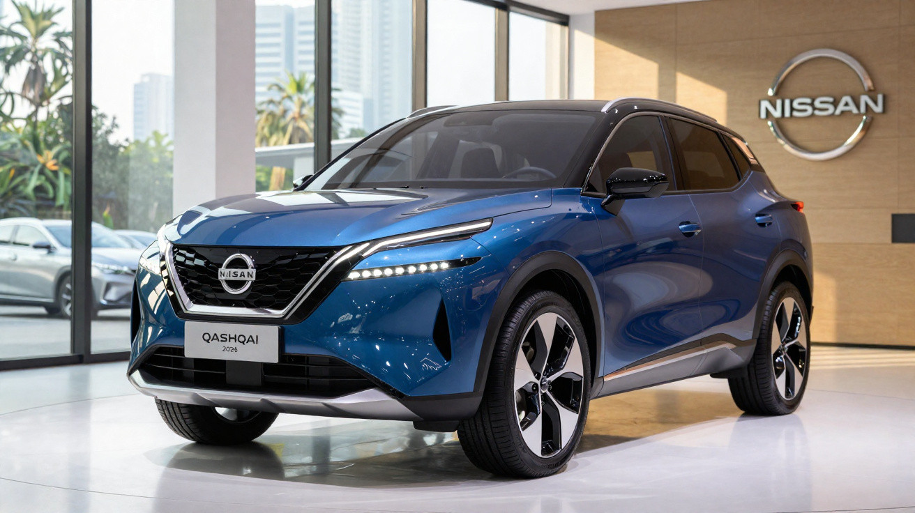 SUV azul Nissan Qashqai 2024 em exposição em showroom moderno com logo da Nissan ao fundo.