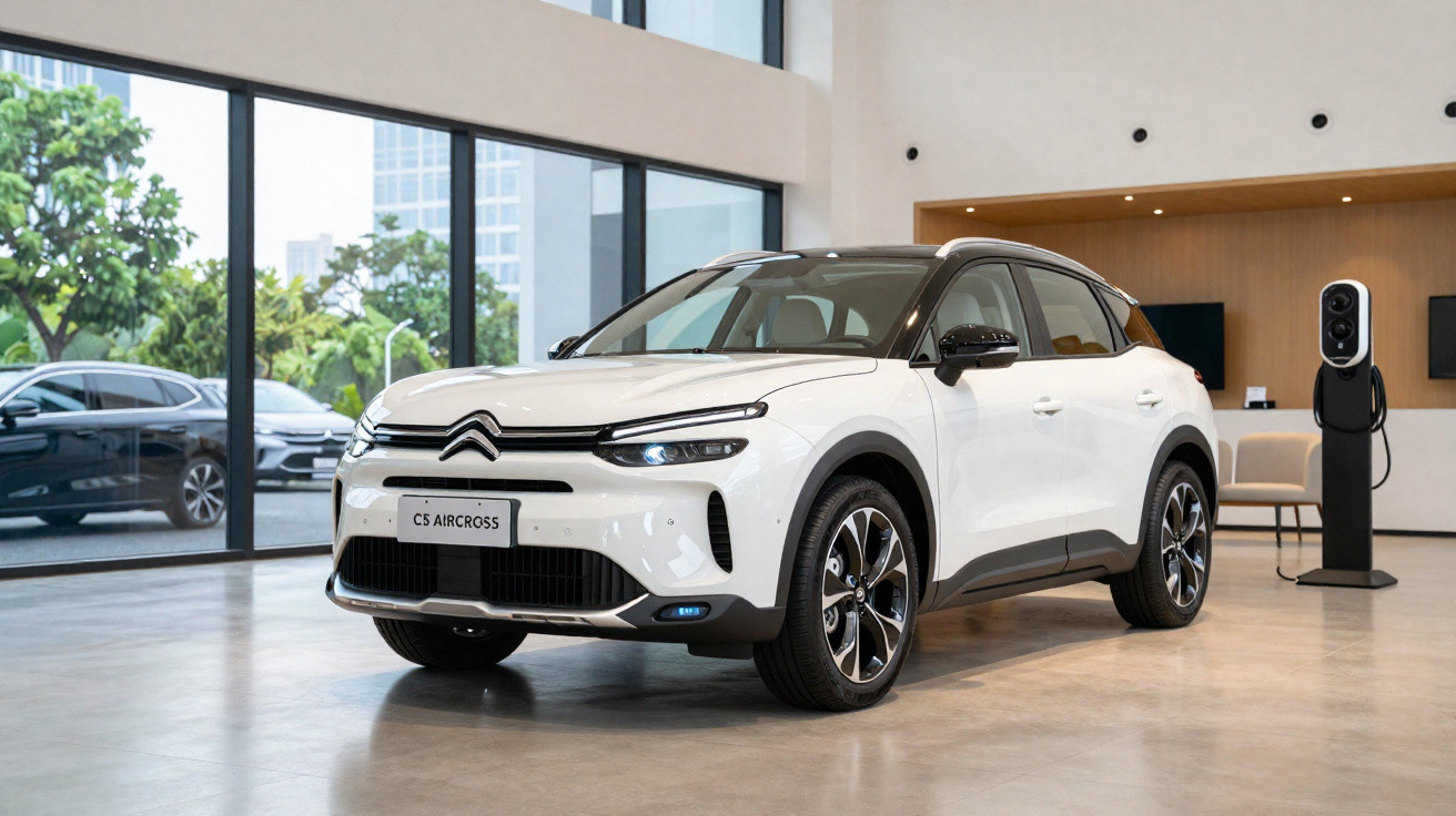 Carro SUV elétrico branco Citroën C5 Aircross em showroom moderno com carregador ao lado.
