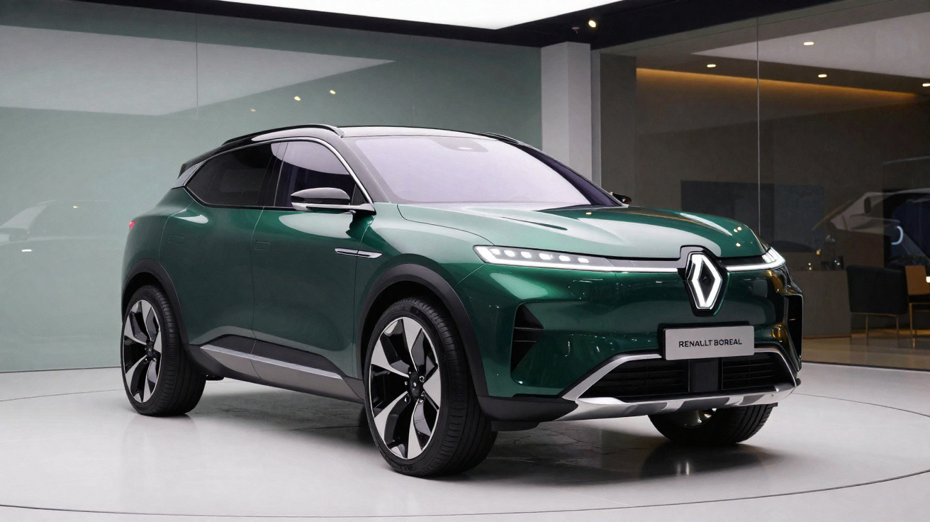 Carro SUV elétrico verde Renault Boreal em exposição com design moderno e faróis estreitos.