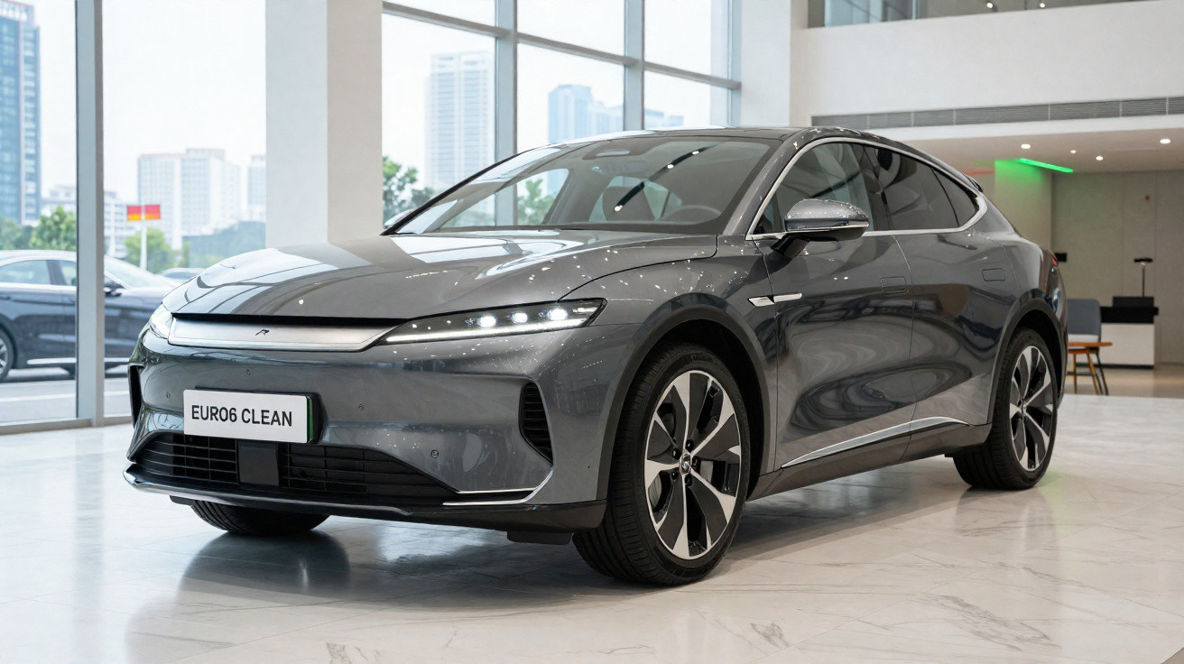 Carro elétrico cinza escuro exibido em showroom com vidro panorâmico e iluminação natural.