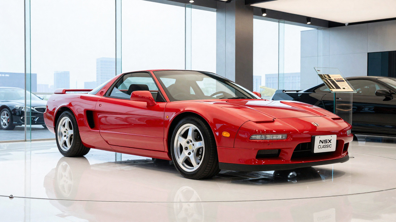 Carro esportivo vermelho Acura NSX Classic exibido em showroom moderno com piso branco e janelas de vidro.
