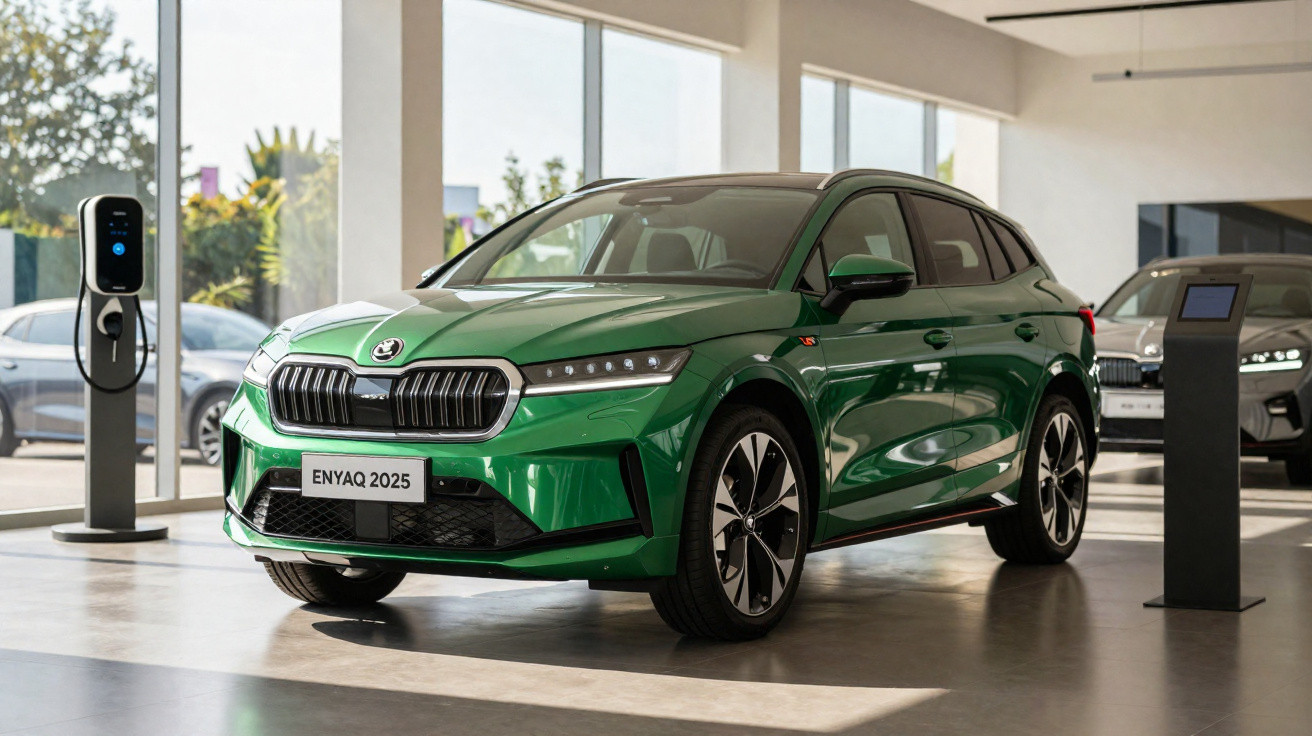 Carro elétrico SUV verde 2025 Škoda ENYAQ em showroom com estação de recarga ao lado.