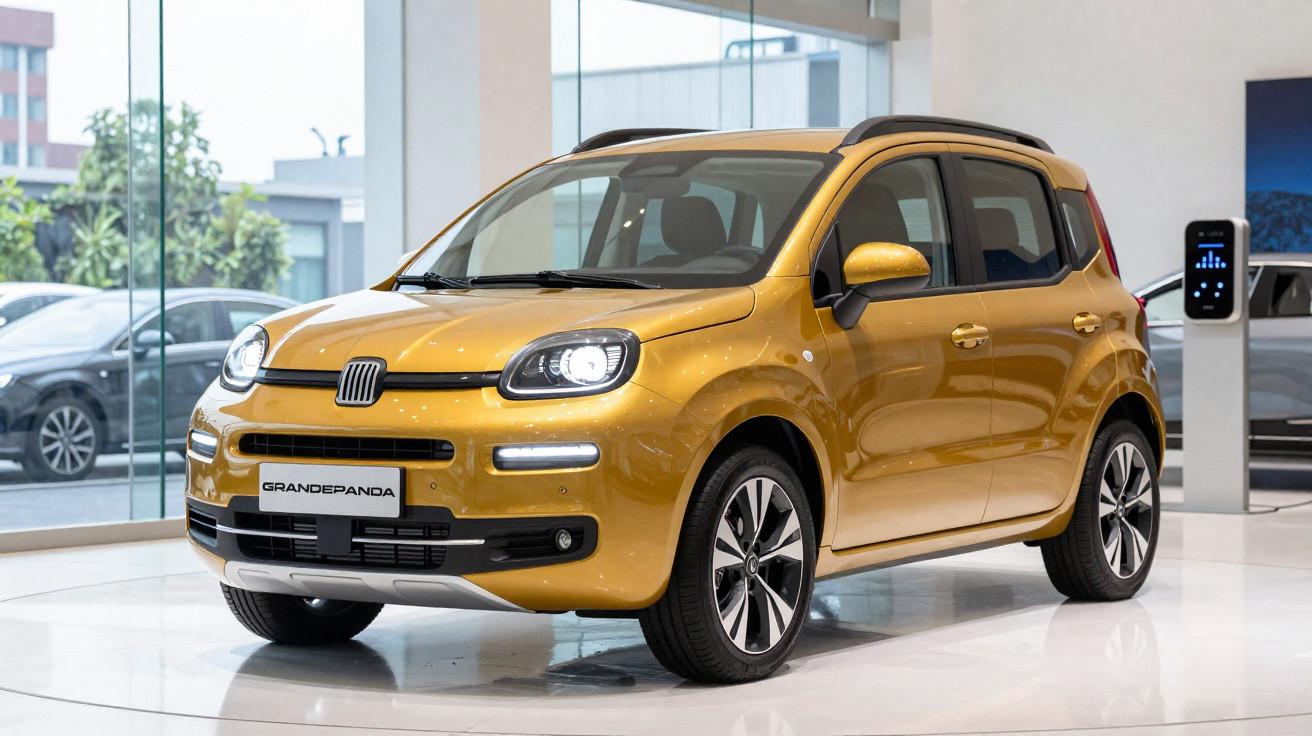 Carro hatch compacto Fiat Grandepanda amarelo exibido em showroom com iluminação natural.