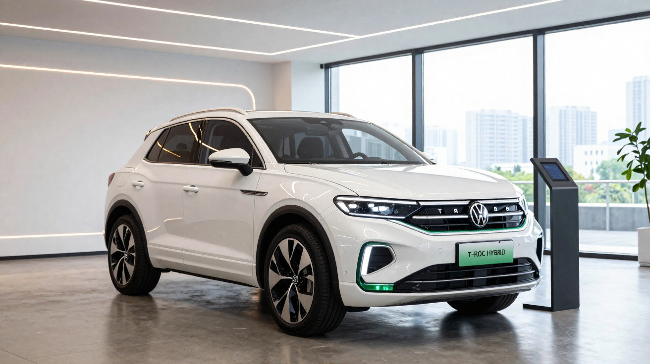 Carro SUV branco Volkswagen T-Roc Hybrid em exposição em ambiente interno moderno com janelas grandes.