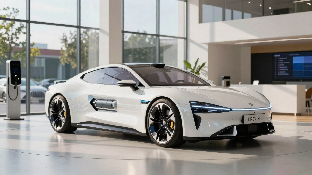 Carro esportivo elétrico branco estacionado em showroom moderno com grandes janelas e carregador elétrico.