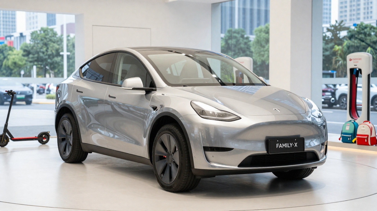 Carro elétrico prateado modelo SUV exposto em showroom com tomada de recarga e patinete ao fundo.