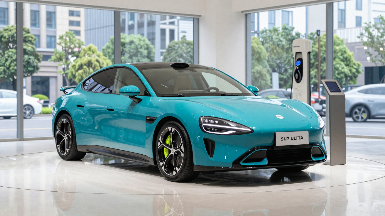 Carro elétrico azul Tesla Su7 Ultta exposto em showroom com estação de carregamento ao lado.