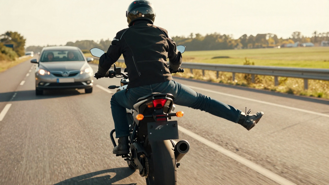 Motociclista com capacete faz manobra com perna esticada em estrada, com carro se aproximando ao fundo.