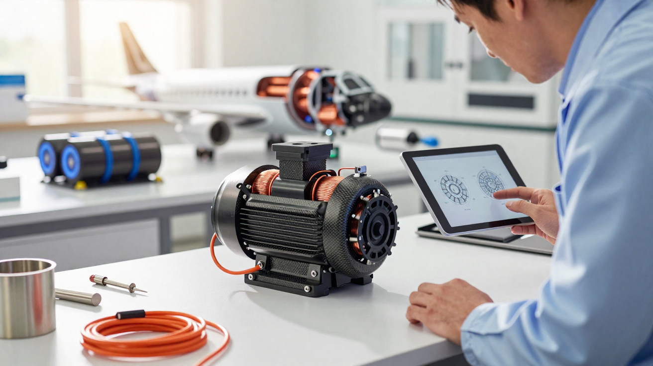 Engenheiro analisando projeto de motor elétrico em tablet, com motor e componentes em bancada de laboratório.