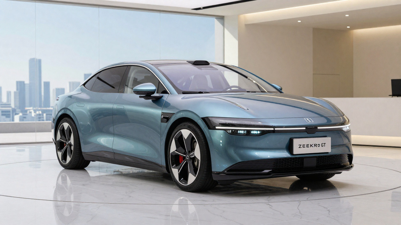 Carro elétrico Zeekr GT azul metálico exibido em ambiente interno moderno com vista urbana ao fundo.