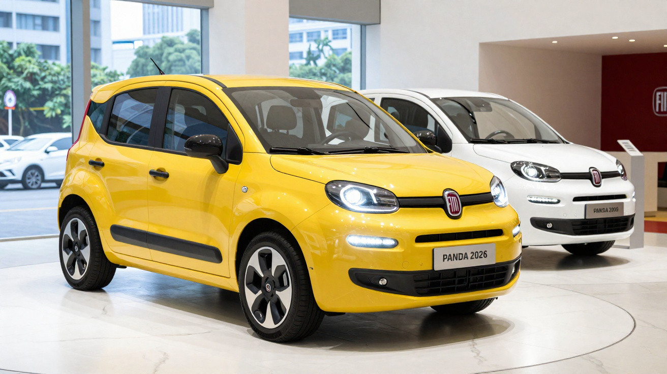Dois carros Fiat Panda 2026, um amarelo em destaque na frente e um branco ao fundo em showroom.