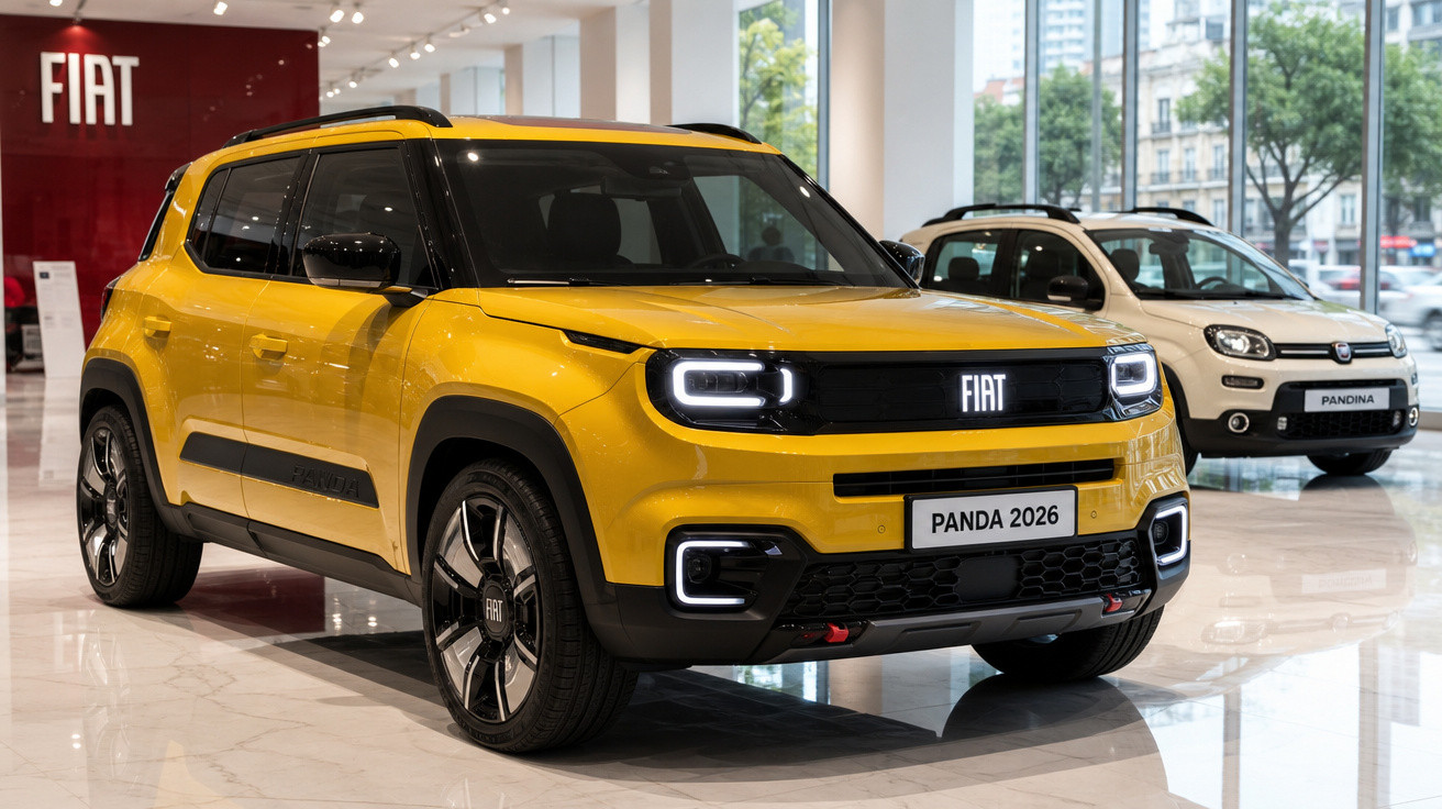 Carro Fiat Panda 2026 amarelo em destaque na concessionária, com modelo branco ao fundo e ambiente moderno.