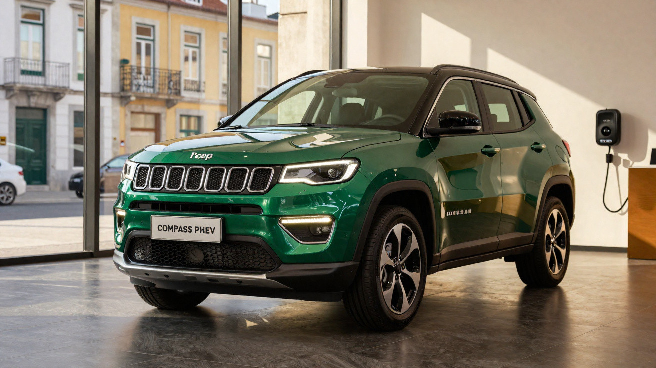 SUV verde Jeep Compass PHEV estacionado em ambiente interno com parede branca e janela grande ao fundo.