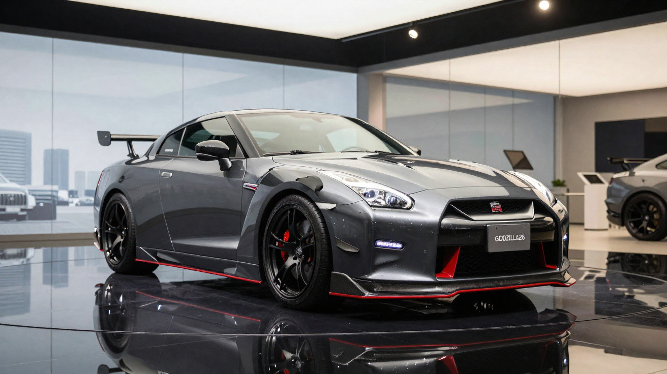 Carro esportivo Nissan GT-R cinza escuro com detalhes vermelhos em showroom moderno e bem iluminado.