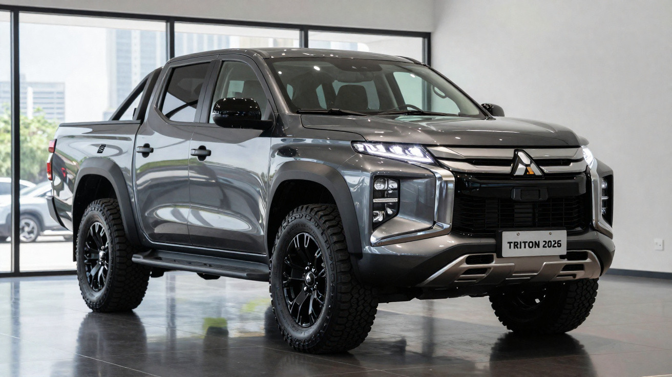 Picape Mitsubishi Triton 2026 cinza estacionada em ambiente interno moderno e claro.