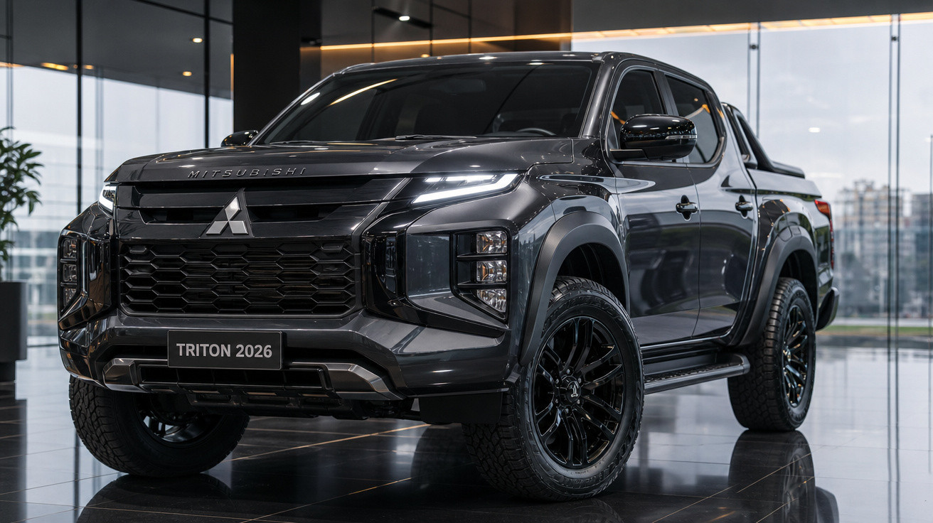 Picape Mitsubishi Triton 2026 cinza escuro em showroom moderno com piso brilhante.