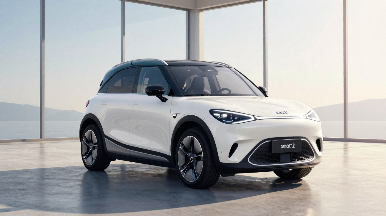 Carro elétrico Smart #2 branco com teto preto, mostrado em ambiente interno amplo com janelas grandes.