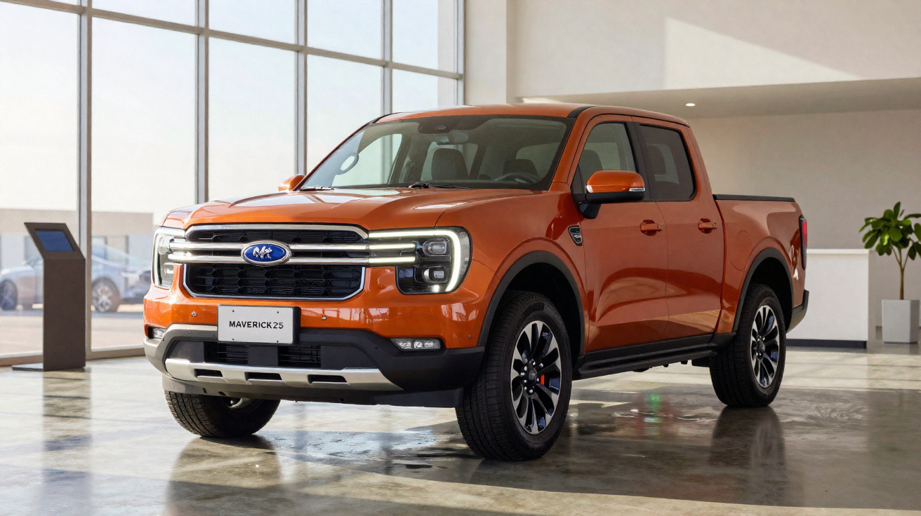 Picape Ford Maverick Laranja com quatro portas em showroom moderno e iluminado.