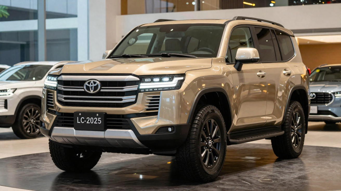 SUV Toyota Land Cruiser 2025 bege em showroom, vista frontal e lateral direita.