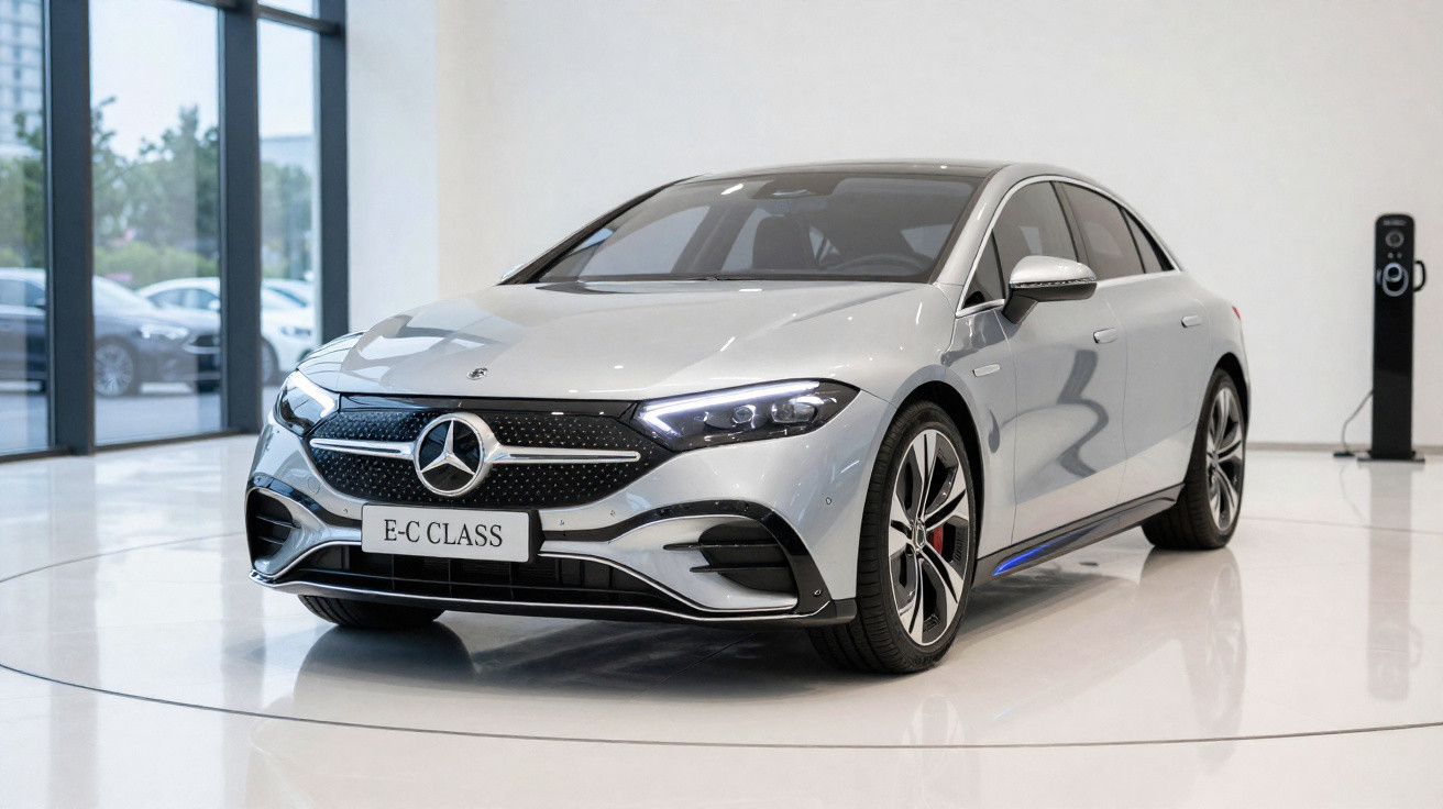 Carro elétrico prata Mercedes-Benz E-C Class exposto em showroom moderno.