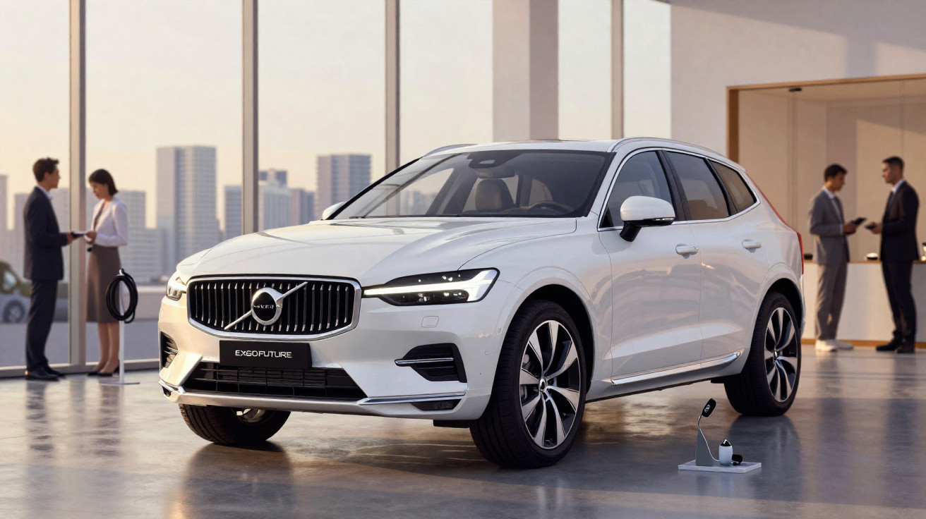 Carro elétrico Volvo branco estacionado em showroom moderno com pessoas ao fundo.