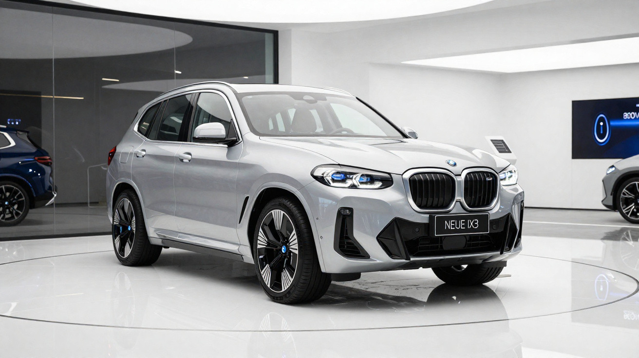 Carro SUV BMW elétrico cinza prata exposto em showroom moderno com iluminação branca.