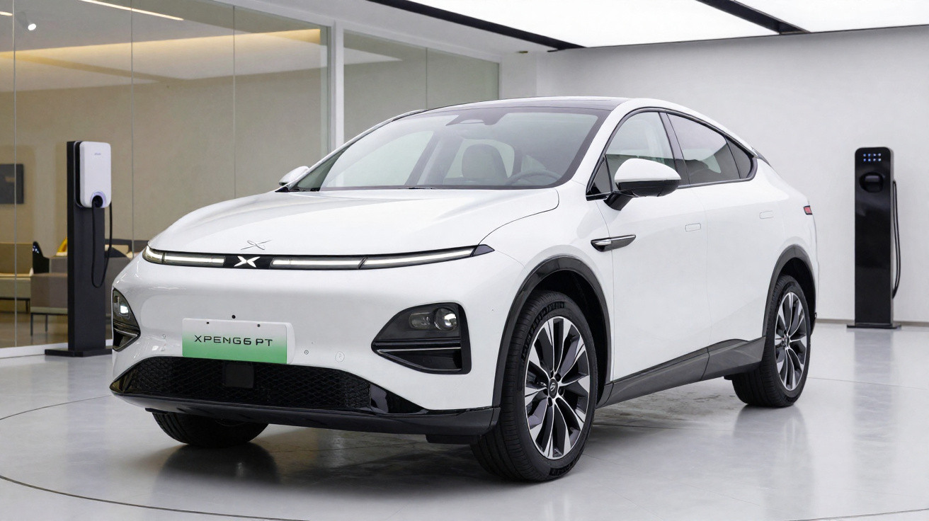 Carro elétrico branco XPeng G6 PT estacionado em ambiente interno moderno.