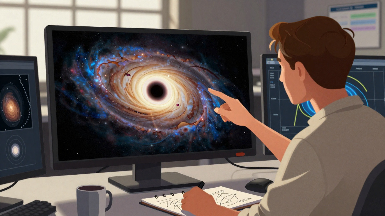 Homem observando tela com imagem de buraco negro em ambiente de escritório com computadores e caderno.