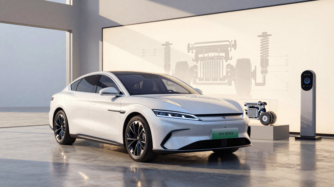 Carro elétrico branco estacionado em ambiente interno com painel de funcionamento tecnológico ao fundo.