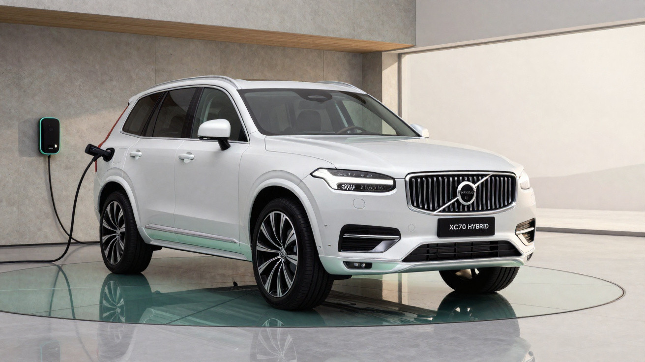 Carro SUV Volvo XC70 Hybrid branco carregando bateria plugado em tomada de parede em ambiente interno.