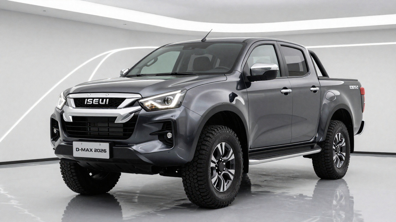 Picape cinza escuro Isuel D-Max 2026 em estúdio com pneus off-road e cabine dupla.