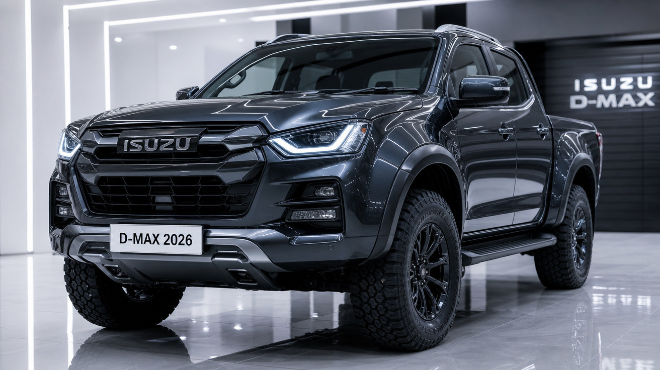 Picape preta Isuzu D-Max 2026 exibida em showroom com iluminação interna moderna.