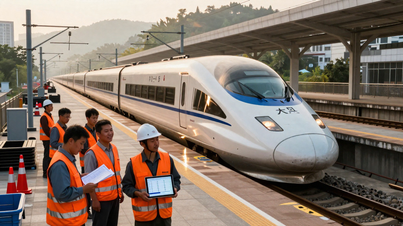 Equipa de trabalhadores em coletes laranja próximo a trem-bala moderno em estação ferroviária durante o dia.