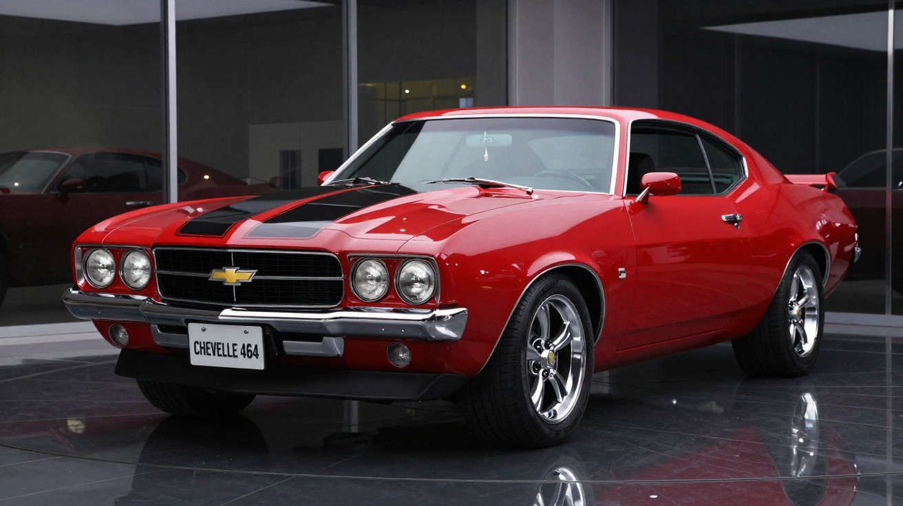 Carro clássico Chevrolet Chevelle 464 vermelho com faixas pretas estacionado em piso de vidro.