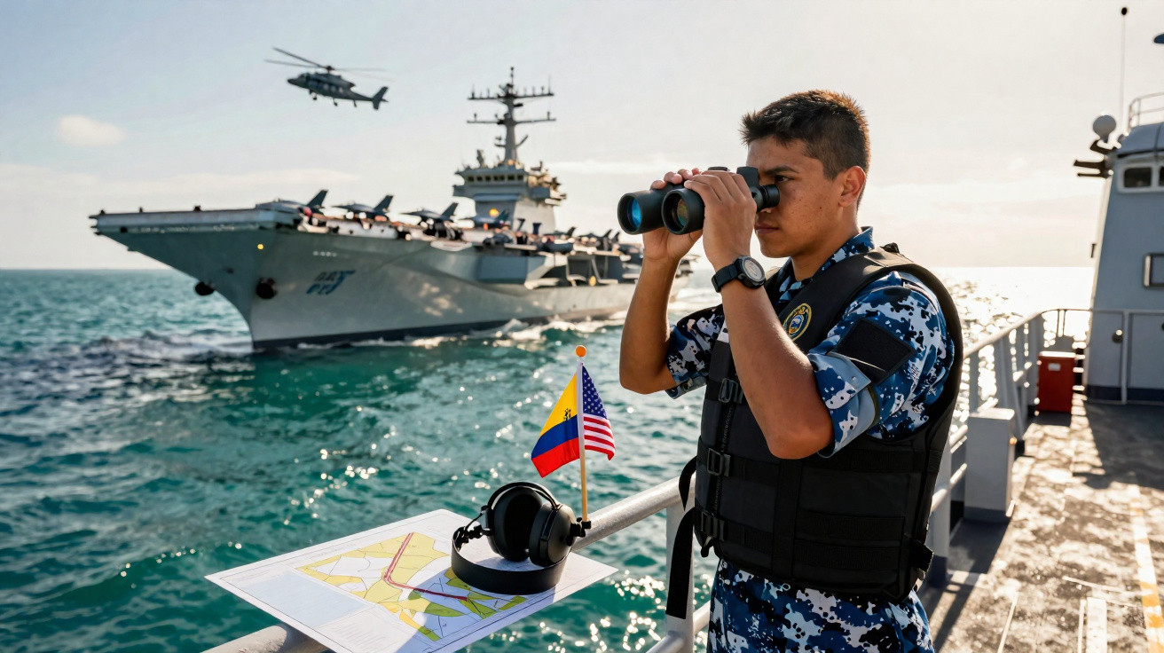 Marinheiro observa com binóculos navio de guerra e helicóptero ao fundo em mar aberto, mapa e bandeiras à frente.
