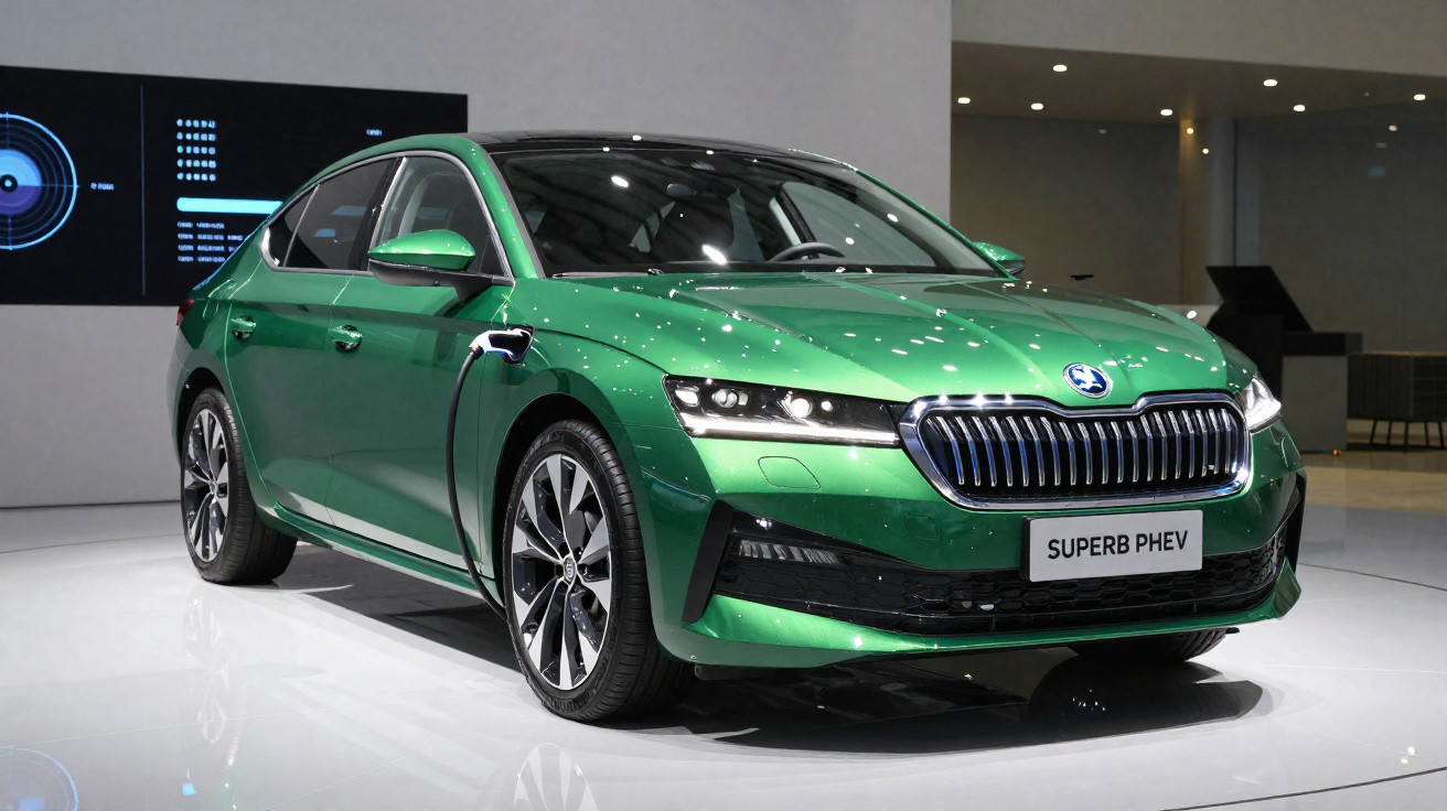 Carro elétrico verde modelo Superb PHEV exibido em exposição com iluminação moderna e fundo neutro.
