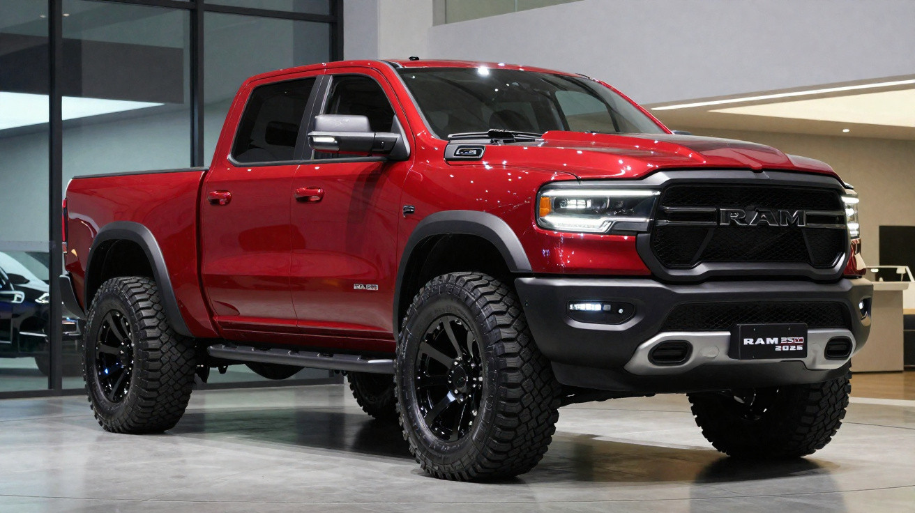 Picape vermelha RAM 1500 2023 em showroom com rodas grandes e pneus off-road robustos.