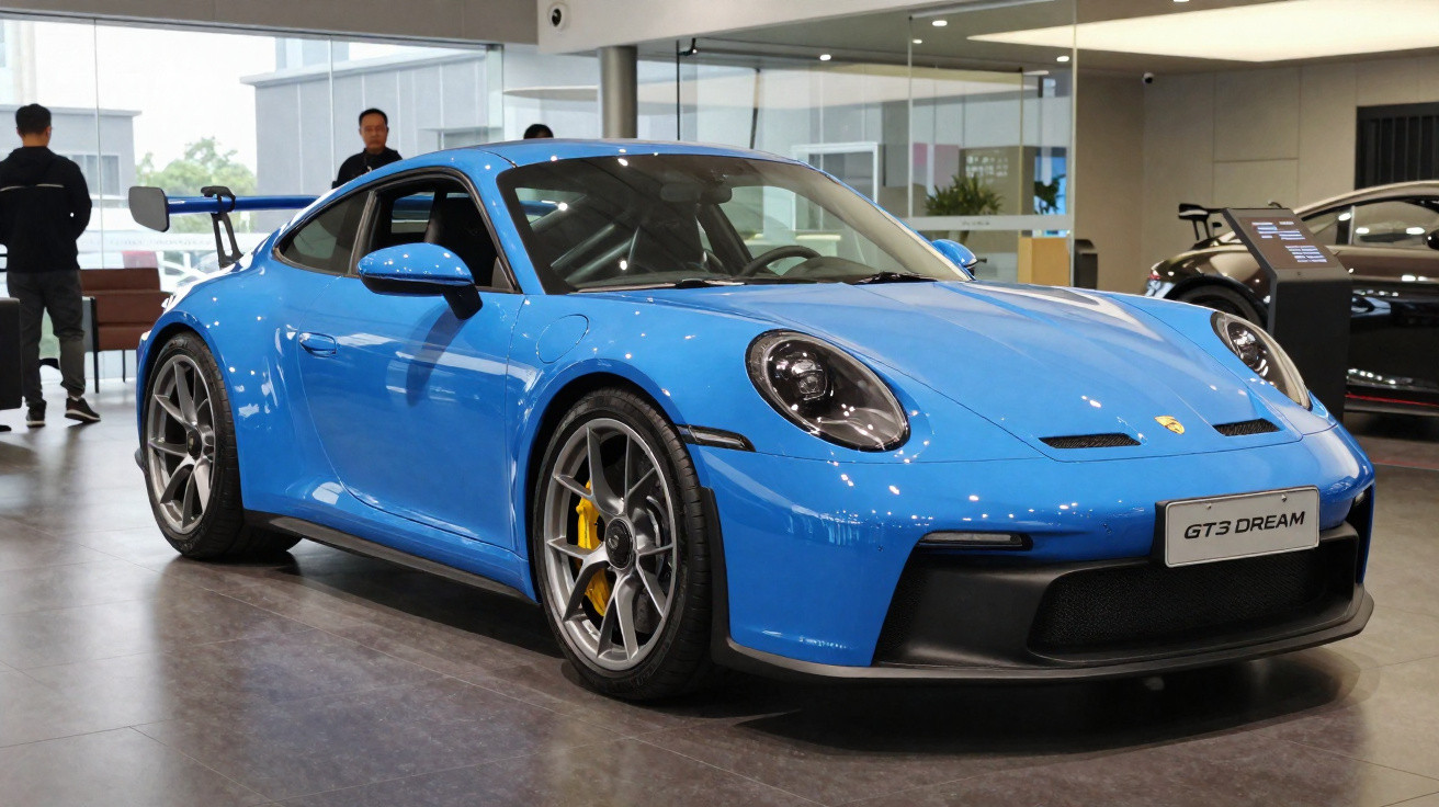 Carro esportivo Porsche GT3 Dream azul exibido em showroom moderno com pessoas ao fundo.