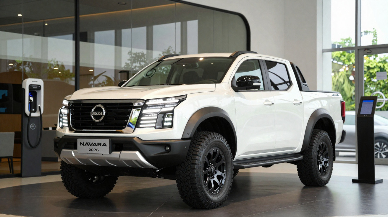 Picape Nissan Navara 2026 branca estacionada em showroom moderno com carregador elétrico ao lado.