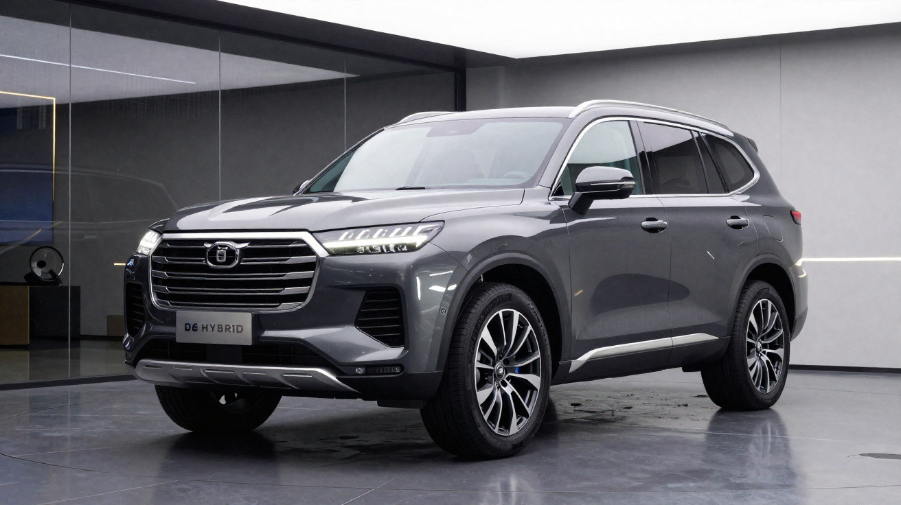 SUV cinza metálica D6 Hybrid estacionada em ambiente interno moderno e iluminado.
