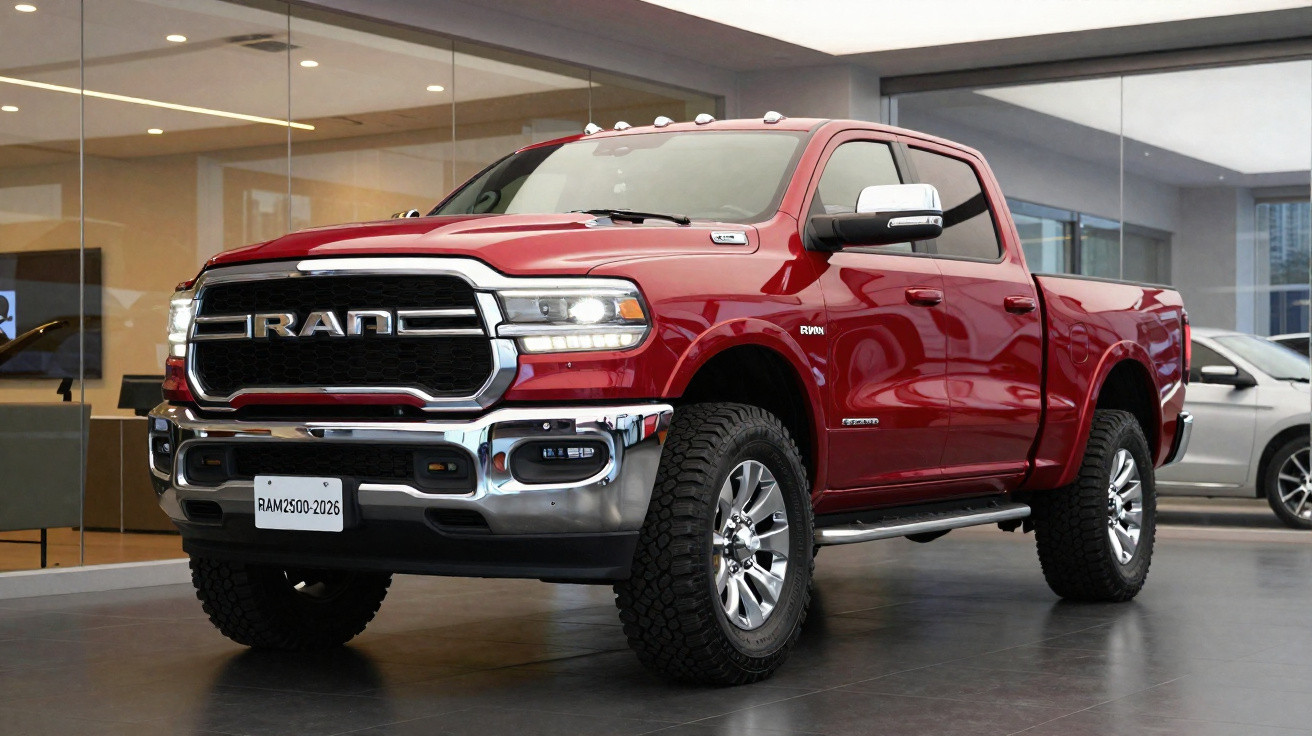 Picape RAM 2500 vermelha exibida em showroom moderno, com rodas robustas e detalhes cromados.